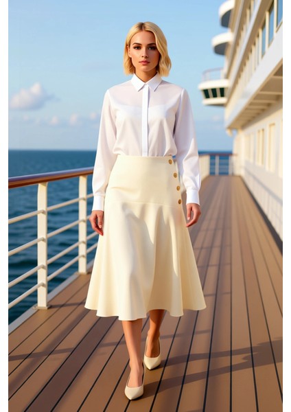 Kadın Yüksek Bel Düğmeli Midi Boy Gabardin Etek %100 Pamuk Fonksiyonel Dayanıklı Kaliteli Şık