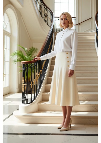 Kadın Yüksek Bel Düğmeli Midi Boy Gabardin Etek %100 Pamuk Fonksiyonel Dayanıklı Kaliteli Şık fiyatları