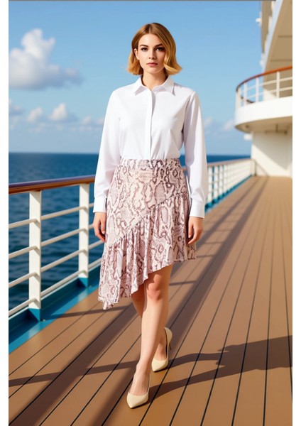 Kadın Asimetrik Kesim Midi Etek Hayvan Desenli Dokuma %100 Polyester Fonksiyonel Dayanıklı