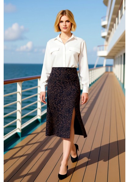 Kadın Çiçek Desenli Yırtmaçlı Midi Dokuma Etek Yüksek Bel A Kesim %100 Viskoz Fonksiyonel Şık