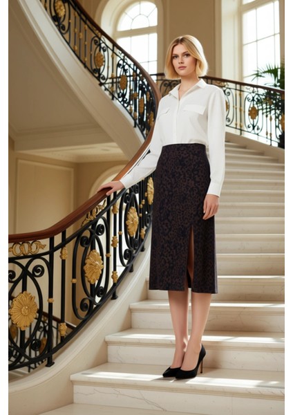 Kadın Çiçek Desenli Yırtmaçlı Midi Dokuma Etek Yüksek Bel A Kesim %100 Viskoz Fonksiyonel Şık fiyatları