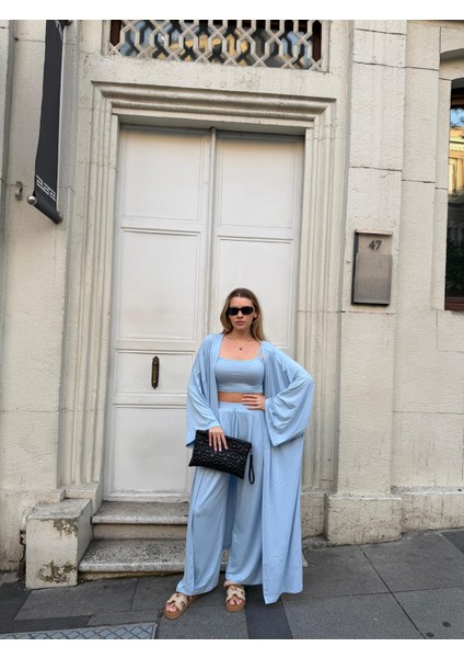 Kadın Viskon 3’lü Takım – Kimono + Beli Lastikli Salaş Pantolon + Crop – 8 Renk