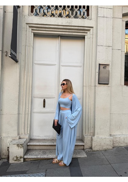 Kadın Viskon 3’lü Takım – Kimono + Beli Lastikli Salaş Pantolon + Crop – 8 Renk fırsatları