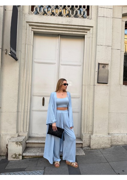 Kadın Viskon 3’lü Takım – Kimono + Beli Lastikli Salaş Pantolon + Crop – 8 Renk