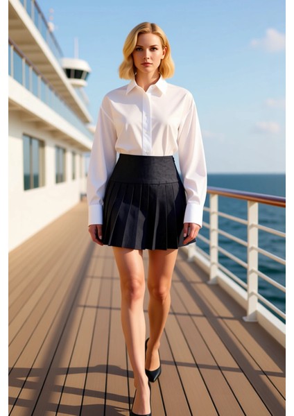 Kadın Pileli Mini Etek Yüksek Bel Düz Gabardin Kalıp Fonksiyonel Dayanıklı Kaliteli Modern