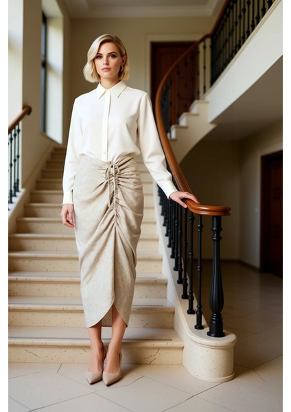 Kadın Midi Etek Büzgü Detaylı Asimetrik Kalıp Fonksiyonel Dayanıklı Kaliteli Konforlu Spor fiyatları