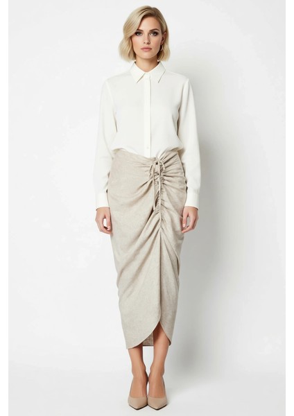 Kadın Midi Etek Büzgü Detaylı Asimetrik Kalıp Fonksiyonel Dayanıklı Kaliteli Konforlu Spor fırsatları