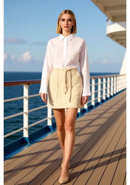 Kadın %100 Keten Düz Mini Etek Cep Detaylı Fonksiyonel Dayanıklı Kaliteli Konforlu Estetik