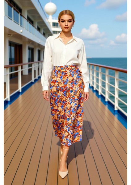 Kadın Midi Sarong Kalıp Çiçek Desenli Dokuma Etek %100 Viskoz Fonksiyonel Dayanıklı Modern