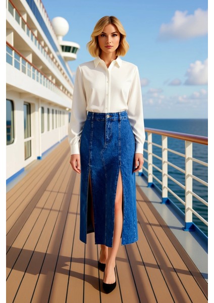 Kadın Midi Yırtmaçlı Dikiş Detaylı Kalem Denim Etek %100 Pamuk Fonksiyonel Dayanıklı Rahat