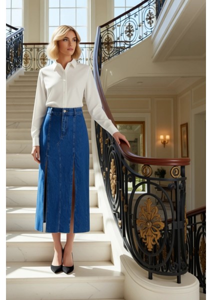 Kadın Midi Yırtmaçlı Dikiş Detaylı Kalem Denim Etek %100 Pamuk Fonksiyonel Dayanıklı Rahat fiyatları