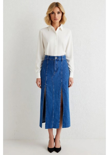 Kadın Midi Yırtmaçlı Dikiş Detaylı Kalem Denim Etek %100 Pamuk Fonksiyonel Dayanıklı Rahat fırsatları