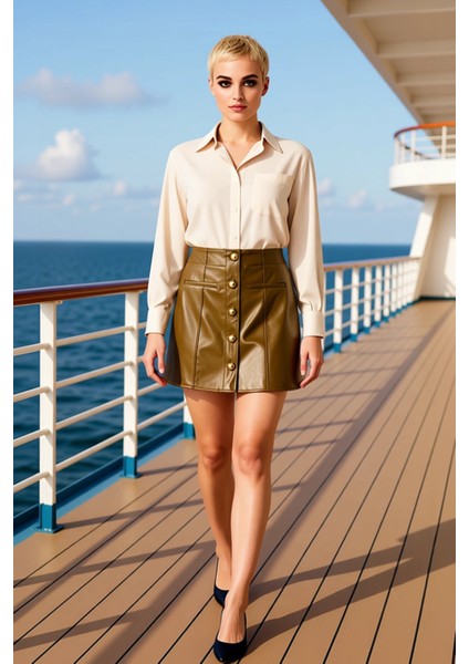 Kadın Suni Deri Mini Etek Yüksek Bel Düğmeli Detaylı Fonksiyonel Dayanıklı Kaliteli Modern