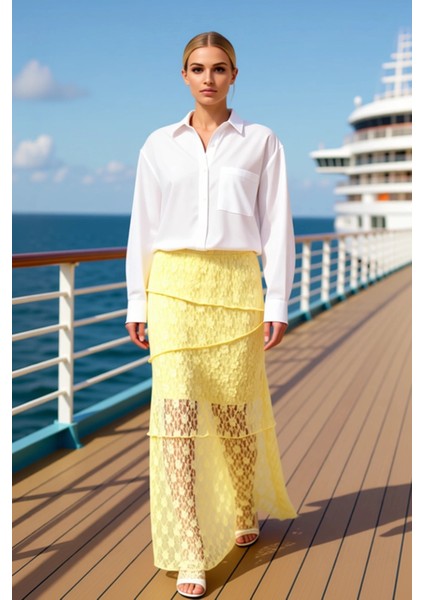 Kadın A Kesim Dantel Detaylı Maxi Etek %98 Polyester %2 Elastan Fonksiyonel Dayanıklı Spor