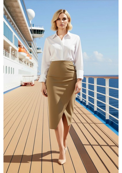 Kadın Midi Sarong Kalıp Dokuma Etek Yandan Büzgülü Yırtmaçlı Fonksiyonel Dayanıklı Estetik