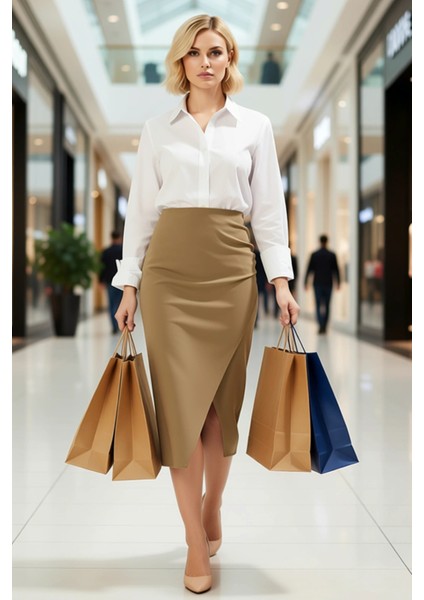 Kadın Midi Sarong Kalıp Dokuma Etek Yandan Büzgülü Yırtmaçlı Fonksiyonel Dayanıklı Estetik modelleri