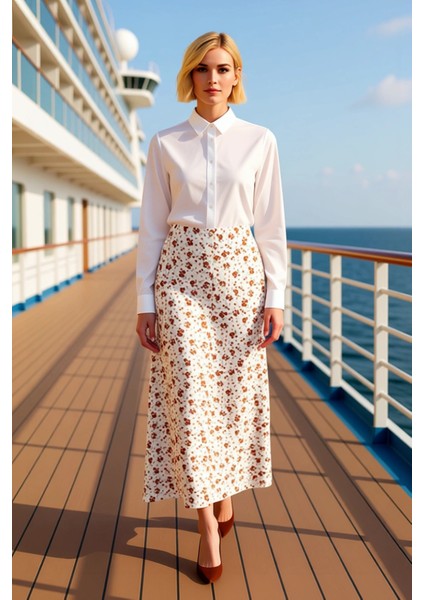 Kadın A Line Midi Etek %100 Viskoz Çiçek Desenli Önü Düğmeli Yırtmaçlı Fonksiyonel Estetik