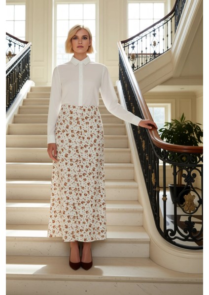 Kadın A Line Midi Etek %100 Viskoz Çiçek Desenli Önü Düğmeli Yırtmaçlı Fonksiyonel Estetik fiyatları