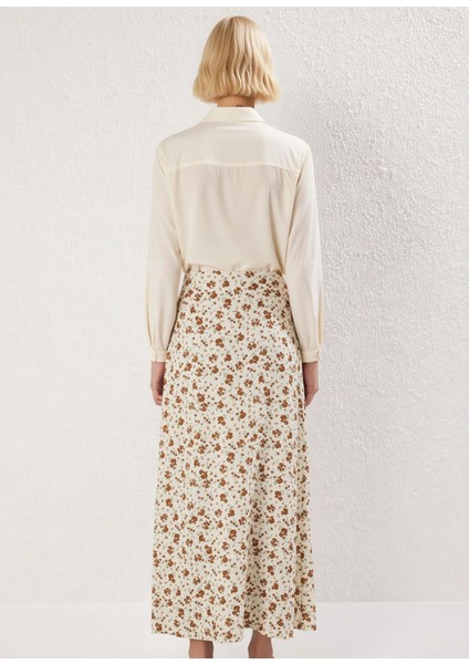 Kadın A Line Midi Etek %100 Viskoz Çiçek Desenli Önü Düğmeli Yırtmaçlı Fonksiyonel Estetik indirimleri