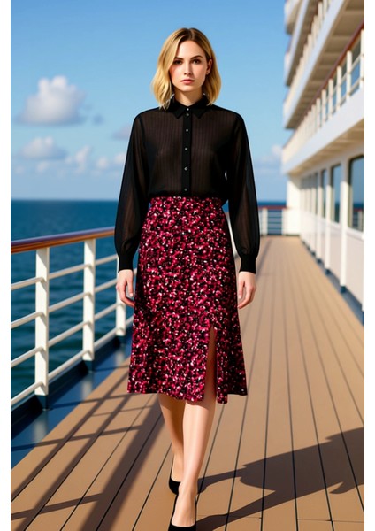 Kadın Çiçek Desenli Yırtmaçlı Midi Dokuma Etek Yüksek Bel A Kesim %100 Viskoz Fonksiyonel Şık