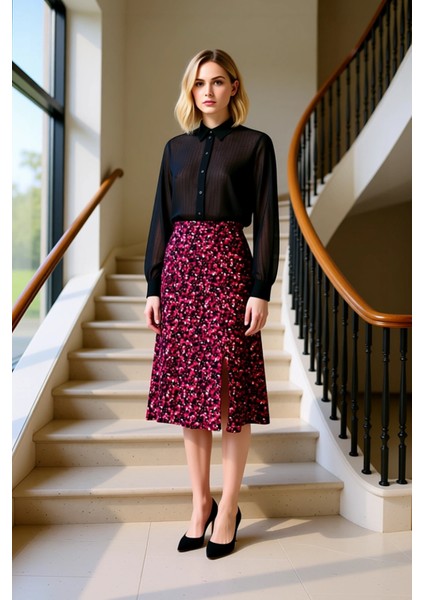 Kadın Çiçek Desenli Yırtmaçlı Midi Dokuma Etek Yüksek Bel A Kesim %100 Viskoz Fonksiyonel Şık fiyatları