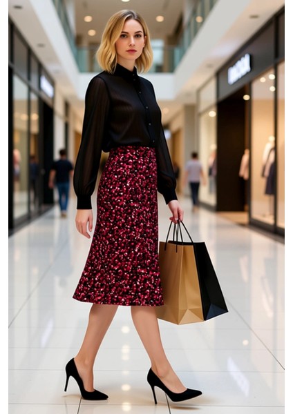 Kadın Çiçek Desenli Yırtmaçlı Midi Dokuma Etek Yüksek Bel A Kesim %100 Viskoz Fonksiyonel Şık modelleri