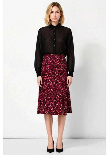 Kadın Çiçek Desenli Yırtmaçlı Midi Dokuma Etek Yüksek Bel A Kesim %100 Viskoz Fonksiyonel Şık fırsatları