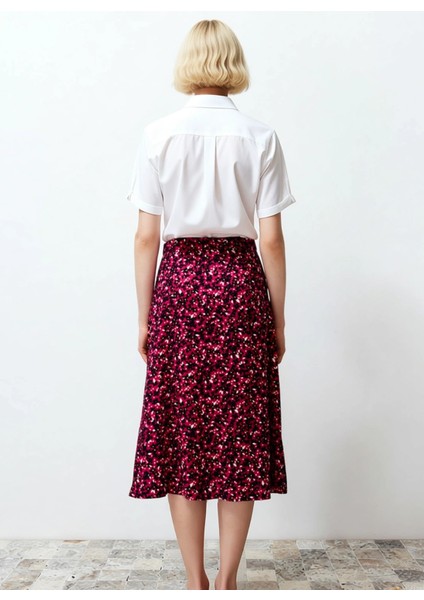 Kadın Çiçek Desenli Yırtmaçlı Midi Dokuma Etek Yüksek Bel A Kesim %100 Viskoz Fonksiyonel Şık indirimleri