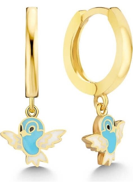Gümüş Gold Mavi Renkli Sallantılı Kuş Kadın Küpe
