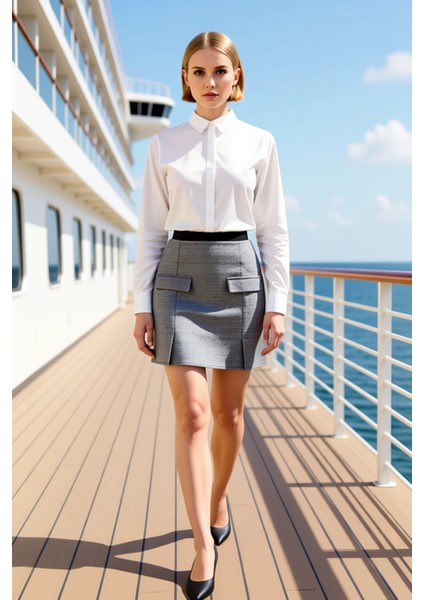 Kadın Balıksırtı Dokuma Mini Etek Yüksek Bel A Kesim %60 Pamuk %40 Polyester Fonksiyonel Şık