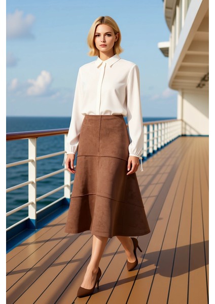 Kadın A Line Midi Süet Örme Etek Normal Bel Fonksiyonel Dayanıklı Kaliteli Konforlu Modern