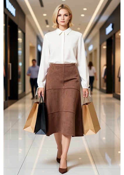 Kadın A Line Midi Süet Örme Etek Normal Bel Fonksiyonel Dayanıklı Kaliteli Konforlu Modern modelleri