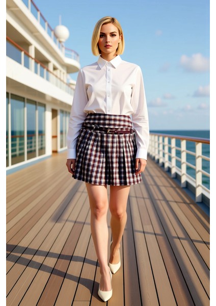 Kadın Pileli Mini Etek Ekose Desenli Kemerli Kalıp Fonksiyonel Dayanıklı Kaliteli Konforlu