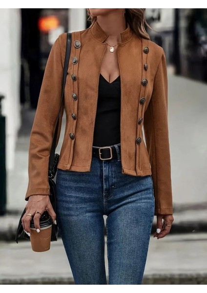 Nuvıraa Kadın Uzun Kollu Hakim Yaka Yanlardan Düğmeli Kısa Süet Ceket