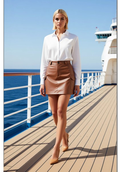 Kadın Yüksek Bel Suni Deri Mini Etek Düz Desen Kalem Kalıp Fonksiyonel Dayanıklı Kaliteli Şık