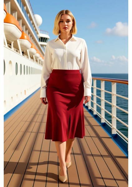 Kadın Midi Etek Yüksek Bel A Kesim Örme Kumaş %96 Polyester %4 Elastan Düz Desen Dayanıklı