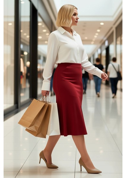 Kadın Midi Etek Yüksek Bel A Kesim Örme Kumaş %96 Polyester %4 Elastan Düz Desen Dayanıklı modelleri