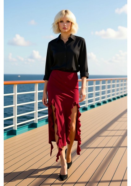 Kadın Yüksek Bel Fırfırlı Yırtmaçlı Maxi Etek Fonksiyonel Dayanıklı Kaliteli Konforlu Spor