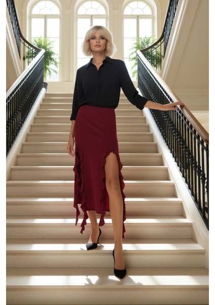 Kadın Yüksek Bel Fırfırlı Yırtmaçlı Maxi Etek Fonksiyonel Dayanıklı Kaliteli Konforlu Spor fiyatları