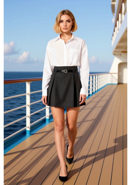 Kadın Çizgili Pileli A Line Mini Etek Normal Bel Kemerli Fonksiyonel Dayanıklı Kaliteli Şık