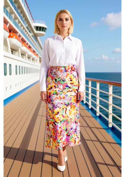 Kadın Balık Kesim Maxi Boy Çiçek Desenli Dokuma Krep Kumaş Etek Yazlık Günlük Giyim Modern