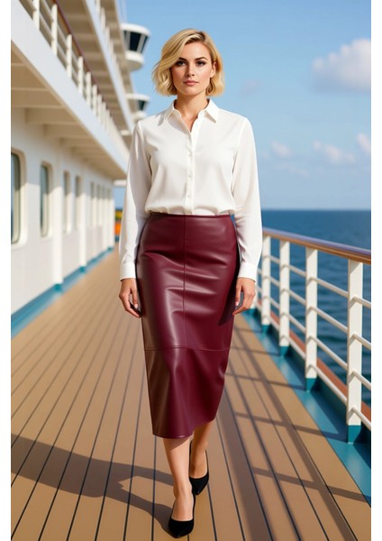 Kadın Yüksek Bel Kalem Maxi Yırtmaçlı Suni Deri Etek Fonksiyonel Dayanıklı Kaliteli Modern