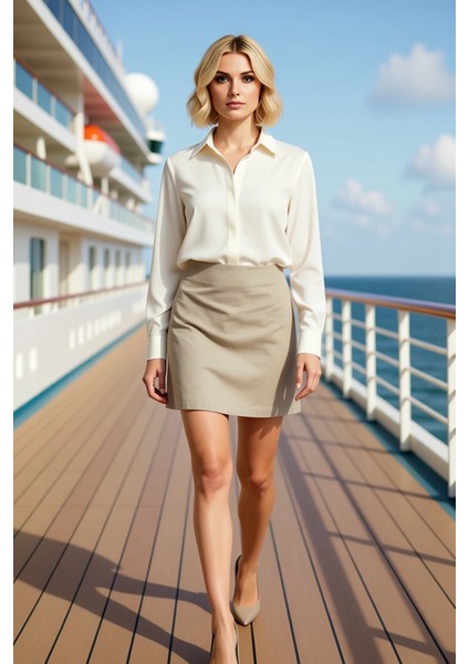 Kadın Yüksek Bel A Kesim Mini Dokuma Etek Düz Desen Gabardin Kumaş Fonksiyonel Dayanıklı Şık