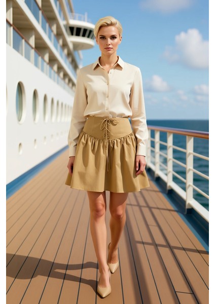 Kadın Yüksek Bel Kloş Mini Etek Bağlama Detaylı Gabardin Fonksiyonel Dayanıklı Kaliteli Şık