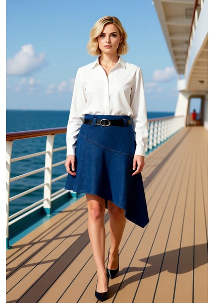 Kadın Asimetrik Midi Denim Etek %100 Pamuk Fonksiyonel Dayanıklı Kaliteli Konforlu Estetik