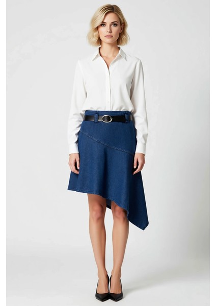 Kadın Asimetrik Midi Denim Etek %100 Pamuk Fonksiyonel Dayanıklı Kaliteli Konforlu Estetik fırsatları