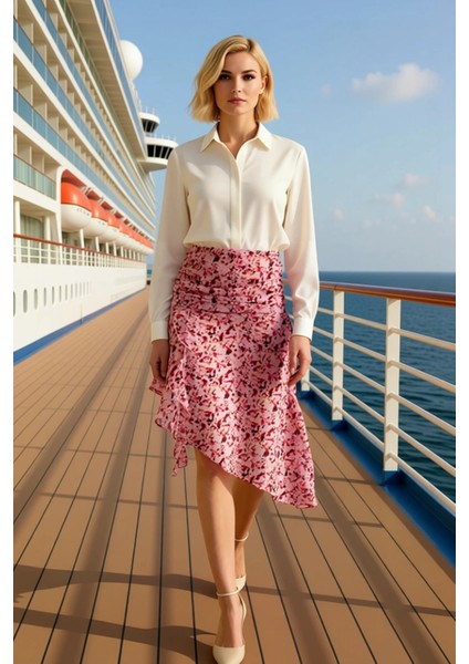 Kadın Asimetrik Midi Boy Şifon Dokuma Etek Çiçekli Desen Fonksiyonel Dayanıklı Kaliteli Şık