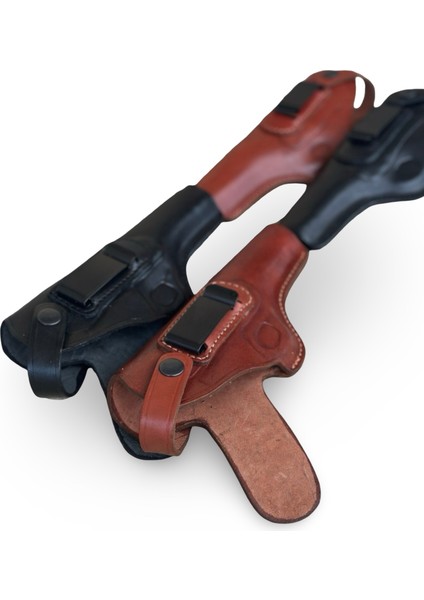 %100 Hakiki Deri Tabanca Kılıfı Luger P08 Uyumlu Universal 9mm Sağ / Sol El, Siyah & Kahverengi Kemer Klipsli modelleri
