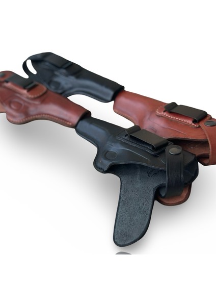 %100 Hakiki Deri Tabanca Kılıfı Luger P08 Uyumlu Universal 9mm Sağ / Sol El, Siyah & Kahverengi Kemer Klipsli