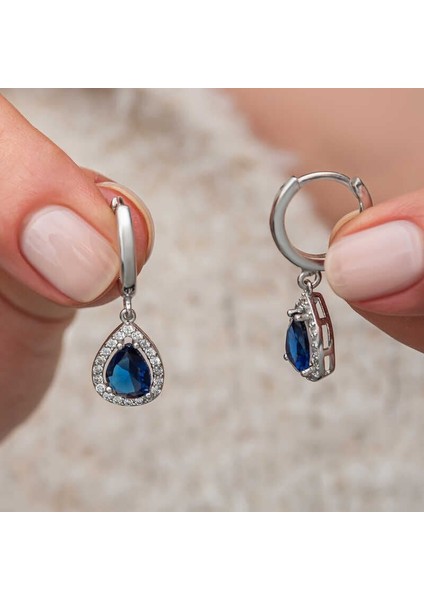 Gümüş Lacivert Zirkon Taşlı Damla Küpe fiyatları